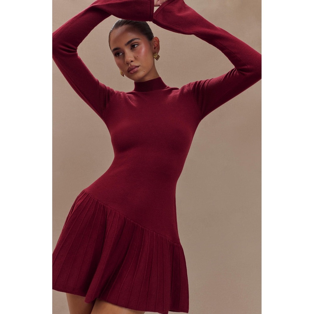 MESHKI Blair Merlot Knit Pleated Mini Dress Long Sleeve High Neck Size XS